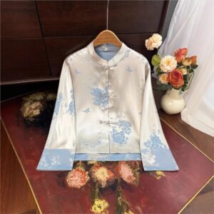 New Chinese style jacquard coat women disc button top stand collar silk satin shirt