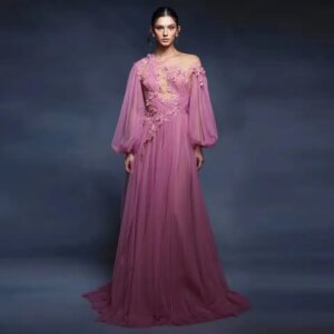 Elegant Pink Prom Gown Party Dresses Sheer Appliques Soft Tulle Formal Dress A Line Long Evening Gowns vestidos de fiesta