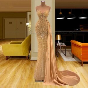 Gold Prom Dresses Satin Sleeveless Strapless V Neck Appliques Shiny Sequins Beaded Evening Dresses Satin Train Floor Length Part