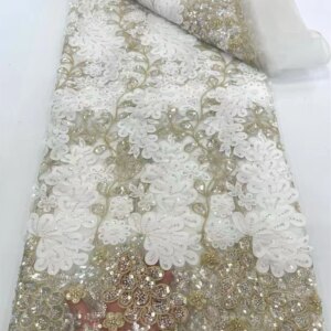 White African Sequins Lace Fabric 2025 High Quality Lace Embroidery Beaded Mesh Fabric 5 Yards For Women Wedding Party Dr W497-1