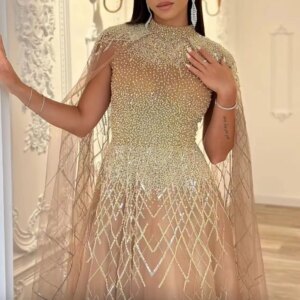BABYONLINE Customized Evening Dress with Glitter Beading SequinsStones High Illusion Bodice Back Full Sleeve Mermaid Formal Gown