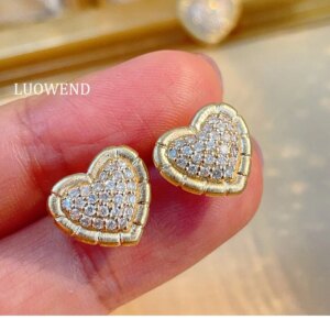 LUOWEND 100% 18K White/Yellow Gold Earrings Women Vintage Heart Shape Real Natural Diamond Stud Earrings High Wedding Jewelry