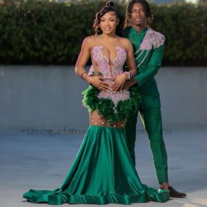 Customized Prom Dress For Black Girls Beads Feather Crystal Mermaid Evening Party Gowns Sleeveless Sexy robe chic soirée