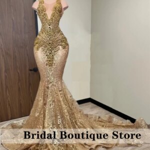 Sparkly Gold Diamonds Long Prom Dresses 2024 Sparkly Beads Crystal Sequins Gown For Black Girls Birthday Party Gown Customized