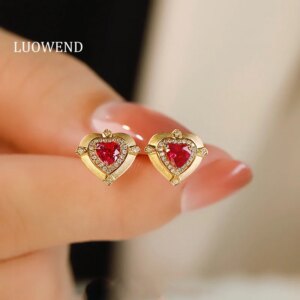 LUOWEND 18K Yellow Gold Earrings Elegant Heart Shape Shiny Diamond Natural Ruby Stud Earrings for Women High Engagement Jewelry