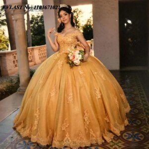 EVLAST Customized Gold Quinceanera Dress Ball Gown Lace Applique Beaded Crystal Corset Sweet 16 Vestidos De 15 Anos SQ523