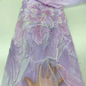 Luxury Purple Beaded Lace Fabric Embroidered Dubai 2025 French Mesh Lace Fabric 5 Yard Nigeria Elegant Fabric For Wedding W630-1