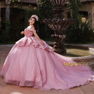 EVLAST Customized Pink Quinceanera Dress Ball Gown Shiny Applique Beaded Crystal Tiered Sweet 16 Vestido De 15 Anos TQD925