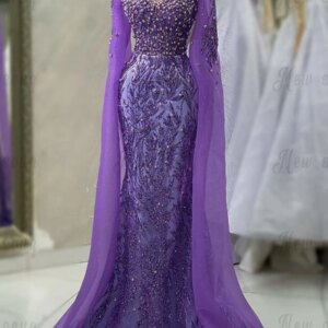 Chic Pearls Purple Mermaid Evening Dress With Long Cape Sleeve Arabic Square Neckline Robe de Mariée Party Dress Customized
