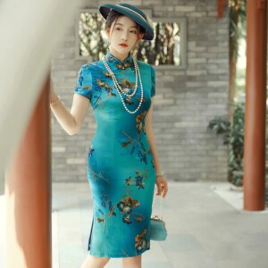 Summer New High Quality Real Silk Improved Mid-Length Printed Tea Cheongsam Qipao Women’s Dress