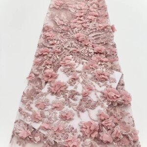 2025 High Quality New Arrival African Nigerian Handmade Beads Sequins 3D Flower Applique Lace Fabric Women Wedding Dress 5 Yards