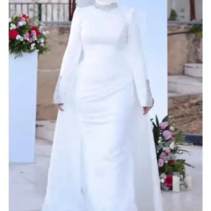 customized O-neck Crystal Evening Dresses White Satin Long SleeveS Ruched Elegant Party Dress Formal Occasion Women Vestidos De