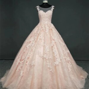 Pink Women Prom Dresses O-Neck Sleevelss Lace Appliques A-Line Princess Ball Gown Floor-Length Wedding Dress Quinceanera Dress