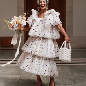 New Arrival Dots Tulle Tiered Formal Evening Dresses 2025 Tea Length Short Sleeves Party Prom Gowns For Women Robes De Soirée