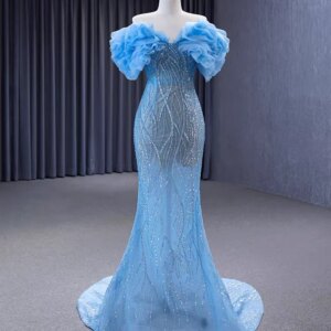 Pearl tull Evening dress, blue sky strapless dress with flants