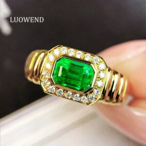 LUOWEND 100% 18K Yellow Gold Rings Shiny Diamond Natural Emerald Ring for Women Vintage Luxury Design High Party Jewelry