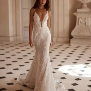Sparkly Embroidery Beaded Lace Wedding Dress Sexy Deep V-neck Spaghetti Straps Bridal Gown Customized Mermaid Dresses For Bride