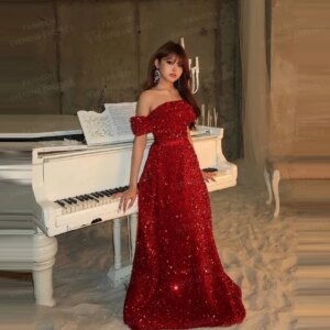 Glitter Red Evening Dresses A Line Women’s Sequined Off Shoulder Sleeveless Vestido De Fiesta Prom Gowns Fashion Customized 2025