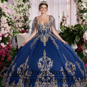 Elegant Navy Blue v neck Quinceanera Dresses Luxuly Crystal and sequin embroidery Detachable bow and cloak vestidos para niñas
