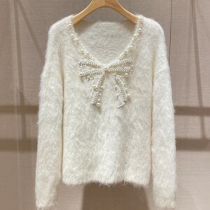 French Style Beading Bow Mink Sweater for Women Spring Autumn V Neck Long Sleeve Knitted Pullovers White Casual Sweet