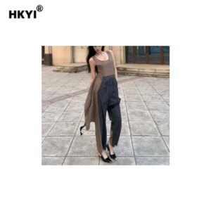 HKYI women’s striped contrasting splicing irregular design jumpsuit striped Woolen fabric womens jumpsuit