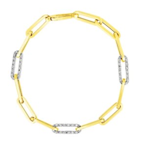 14k Yellow Gold 7 1 2 inch Paperclip Chain Bracelet with Three Diamond Links