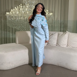 Customized Straight Prom Dresses Ankle-Length High-Neck Full Sleeve Evening Dresses Simple Draped Fashion Appliques Beading