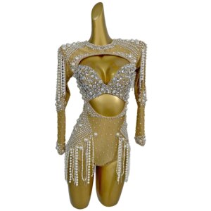 Sexy Hollowed out Pearl Chain Jumpsuit Rhinestone Strapless Leggings Girl Group Performance Costume Nightclub Dress cangxuan