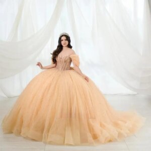 Customized Light Orange Beads Ball Gowns Quinceanera Dress for Girl Off the Shoulder Sweetheart Tulle Vestidos De 15 Anos