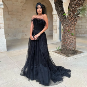 Feathers Black Evening Dresses For Women 2024 Strapless Sequin Bead Formal Party Gown A Line Tulle Prom Dress Sweep Train