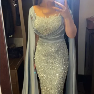 Luxury silver Evening Dresses With cape sequin Dubai African Mermaid Prom Party Dress vestidos de noche Formal Evening Gown