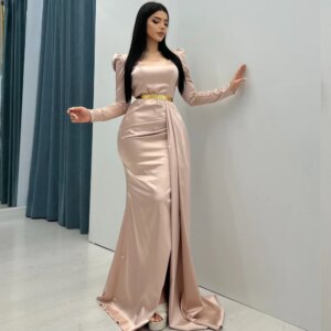 Customized Satin Sash Cocktail Party Trumpet Square Neck Bespoke Occasion Gown Long Dresses