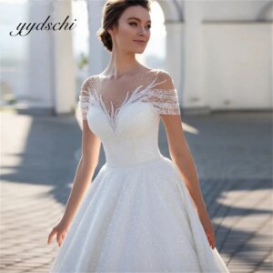 Customized Elegant Tulle A-line O-Neck Classic Wedding Dresses Sequined Backless 2025 Court Train Bride Gown vestidos de novia