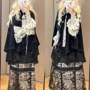 Eclectic Gothic style silver shirt cape Hanfu dress suit