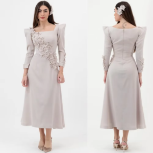 Customized A-Line Prom Dresses Tea-Length Square Collar Full Sleeve Evening Gown Simple Fashion Flowers Draped Party Gown