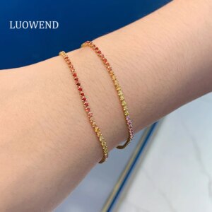 LUOWEND 100% 18K Yellow Gold Bracelet Romantic Girls Style Real Natural Color Sapphire Bracelet for Women Engagement Jewelry