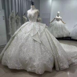Vestido Casamento 2025 Cap Sleeve O-Neck Lace Up Back Wedding Dress Beading Sequined Star Crystal Ball Gown Luxury Bridal Dress