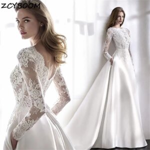 Elegant Lace Satin Full Sleeves O-neck with Pocket A-line Wedding Dress For Women 2025 Court Train Bridal Gown Vestido De Noiva
