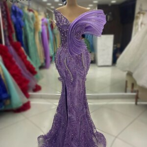Elegant Purple One Shoulder Arabic Mermaid Evening Dresses Beaded Side Slit Formal Party Gowns Special Ocasion Prom Dress 2024