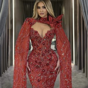Red Long Cape Sleeve Evening Dress Beading Lace 2025 Formal Occasion Gowns Hochzeitspartykleid Customized Prom Dresses Dubai