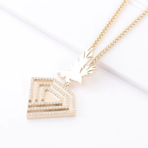 Provence Round Moissanite Diamond Accented Solid 10K Yellow Gold Hawk and Diamond Shape Pendant Trendy Jewelry