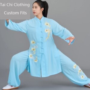 Summer Thin Tai Ji Suit Women’s High-End New Ice Silk Light Blue Magnolia Delavayi Chinese Exercise Clothing