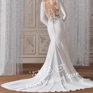 Customized Mermaid Solid Color Mermaid Wedding Dress Applique Lace Buttons Temperament Floor Length Scoop Long Sleevs