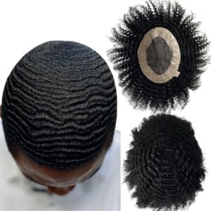Mongolian Virgin Human Hair Hairpieces #1 Jet Black 6mm Wave Toupee 8×10 Mono Lace Unit for Black Men