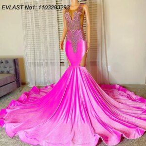 EVLAST Customized Sparkly Bright Pink Mermaid Velvet Prom Dress Black Girls Crystal Beaded African Evening Party Gown TPD192