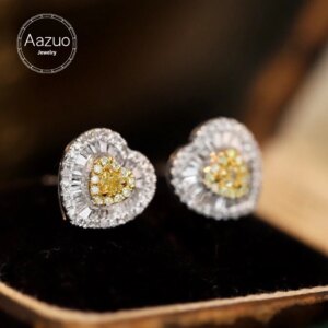Aazuo Real 18K Solid White Gold Real Yellow&White Diamonds Lovely Heart Shape Stud Earring Gifted For Women Wedding Party Au750