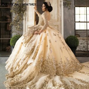 EVLAST Customized Gold Pearls Beading Mexican Quinceanera Dress Ball Gown Long Sleeve Tiered Appliques Vestidos De XV Anos SQ308
