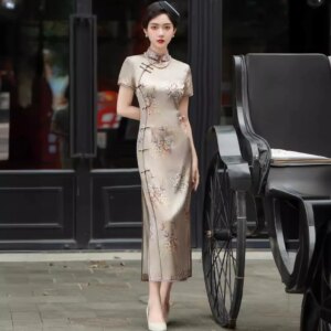High-End Real Silk Cheongsam Qipao Summer 2024 New Retro Improved Chinese Style Dress Women’s Long