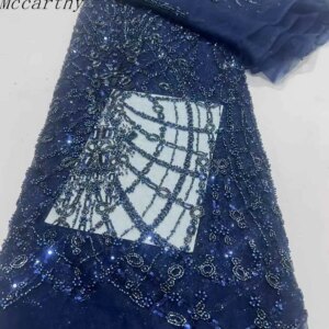 African Beaded Lace Fabric French Tulle Lace 2025 High Quality Lace French Sequins Beads Fabric For Women Wedding Dress CD43KM