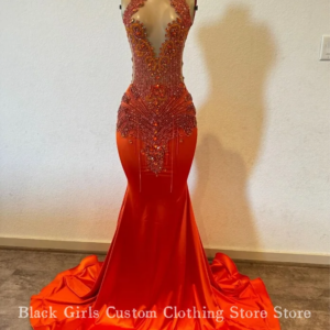 Luxury Orange Mermaid Prom Party Dress For Women Elegant diamond beaded appliqués Glitter prom dresses Robes De Soirée Custom